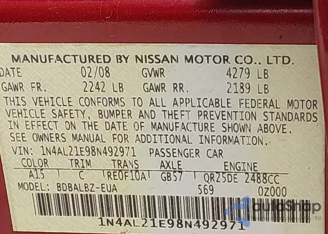 2008 Nissan Altima 2.5 S from USA, damaged, VIN 1N4AL21E98N492971